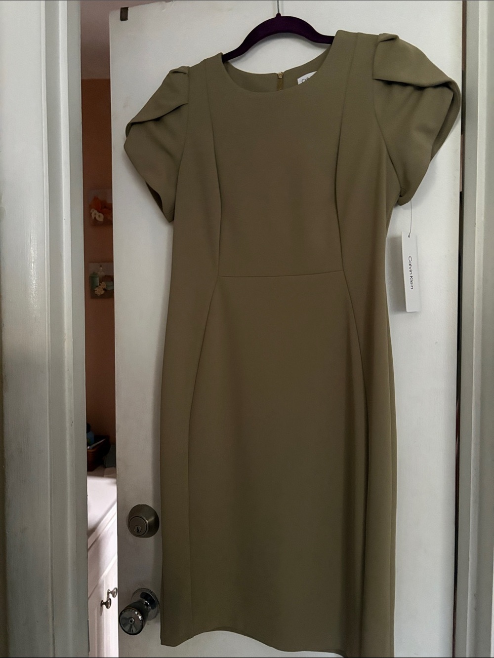Calvin Klein Olive Green Puff-Sleeve Sheath Dress, size 10.